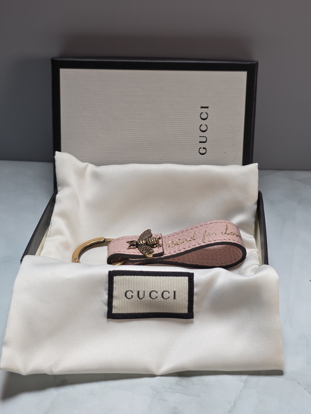Gucci Animalier Bee "Blind for Love" Pink Leather Key Holder Bag Charm + COA